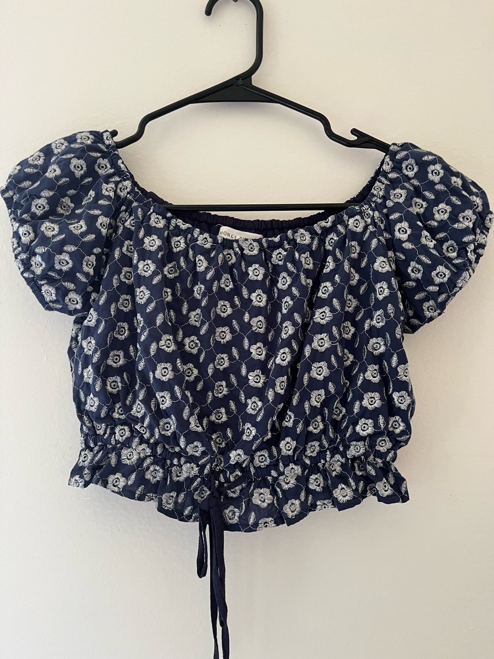 Honey Punch Navy Blue Floral Off-Shoulder Crop Top